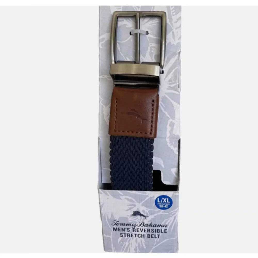 Tommy Bahama Men's Braided  Reversible Stretch Belt  Navy/Khaki Size: L/XL 38-42